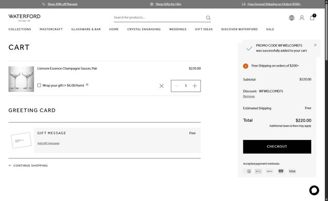 Waterford checkout page showing Waterford promo code box | Screenshot taken by SimplyCodes community member on May 19, 2025