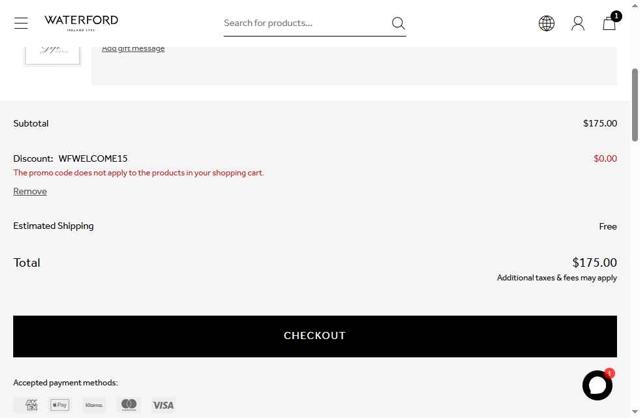 Waterford checkout page showing Waterford promo code box | Screenshot taken by SimplyCodes community member on Jun 28, 2025