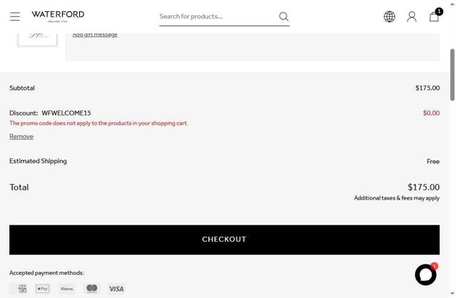 Waterford checkout page showing Waterford promo code box | Screenshot taken by SimplyCodes community member on Jun 28, 2025