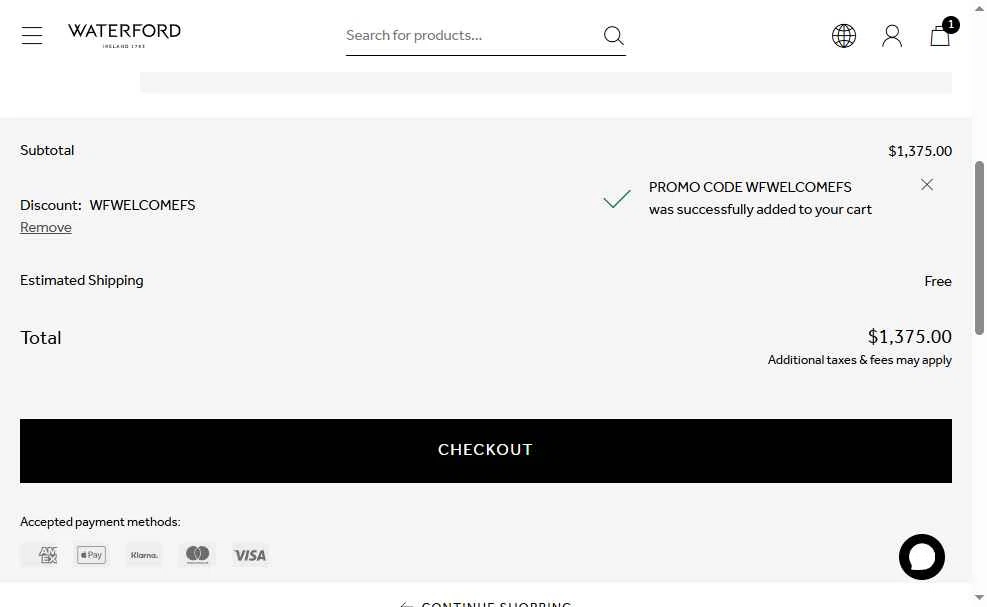 Waterford checkout page showing Waterford promo code box | Screenshot taken by SimplyCodes community member on Aug 18, 2025