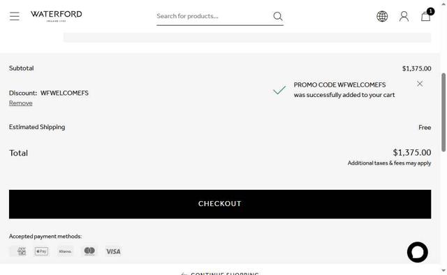Waterford checkout page showing Waterford promo code box | Screenshot taken by SimplyCodes community member on Aug 18, 2025