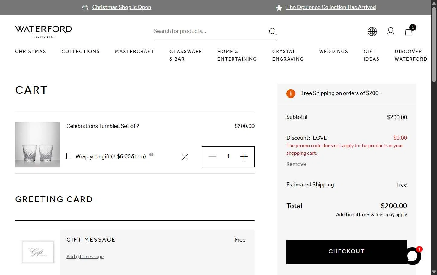 Waterford checkout page showing Waterford promo code box | Screenshot taken by SimplyCodes community member on Sep 18, 2025
