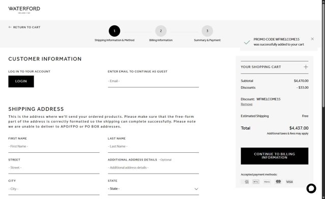 Waterford checkout page showing Waterford promo code box | Screenshot taken by SimplyCodes community member on May 12, 2025
