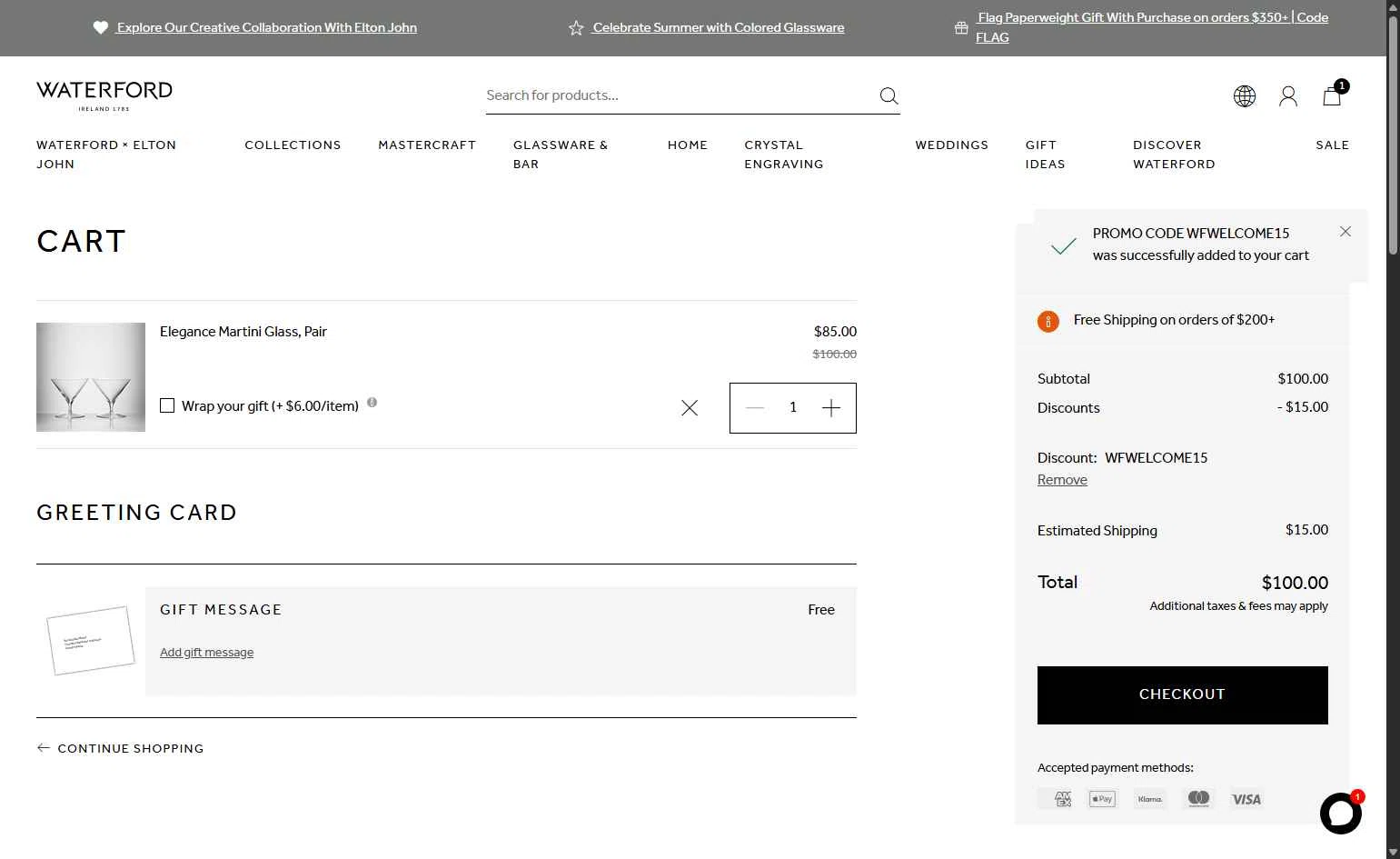 Waterford checkout page showing Waterford promo code box | Screenshot taken by SimplyCodes community member on Jun 28, 2025
