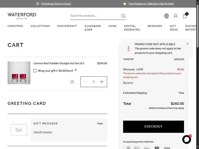 Waterford checkout page showing Waterford promo code box | Screenshot taken by SimplyCodes community member on Sep 17, 2025