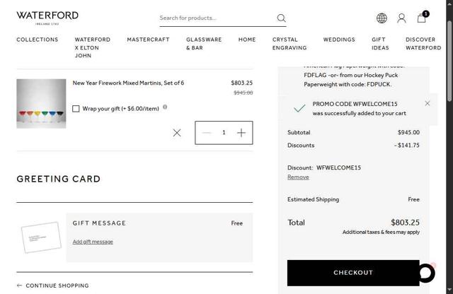 Waterford checkout page showing Waterford promo code box | Screenshot taken by SimplyCodes community member on May 29, 2025