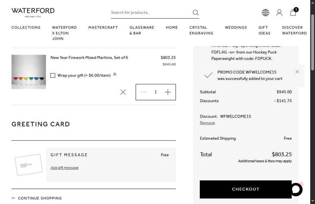 Waterford checkout page showing Waterford promo code box | Screenshot taken by SimplyCodes community member on May 29, 2025