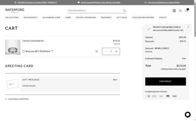 Waterford checkout page showing Waterford promo code box | Screenshot taken by SimplyCodes community member on Apr 27, 2025