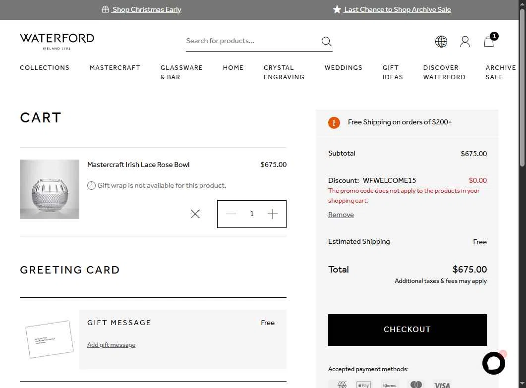 Waterford checkout page showing Waterford promo code box | Screenshot taken by SimplyCodes community member on Aug 18, 2025