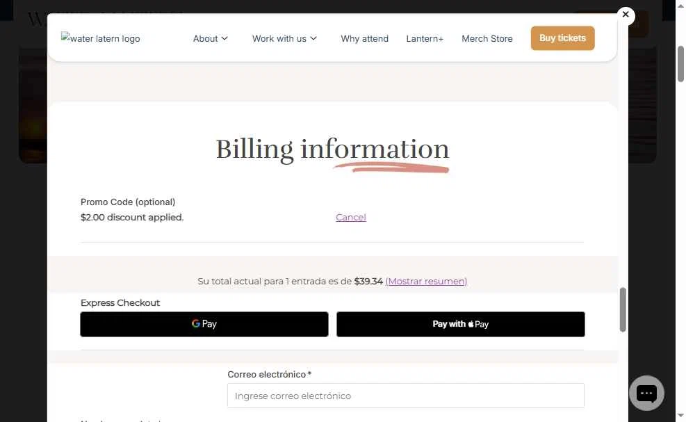 Water Lantern Festival checkout page showing Water Lantern Festival promo code box | Screenshot taken by SimplyCodes community member on Nov 30, 2025