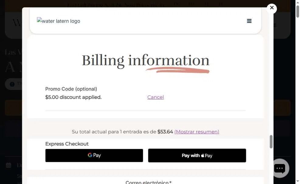 Water Lantern Festival checkout page showing Water Lantern Festival promo code box | Screenshot taken by SimplyCodes community member on Nov 30, 2025