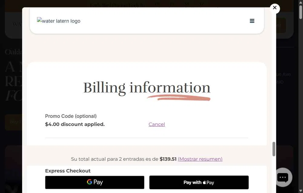 Water Lantern Festival checkout page showing Water Lantern Festival promo code box | Screenshot taken by SimplyCodes community member on Oct 21, 2025