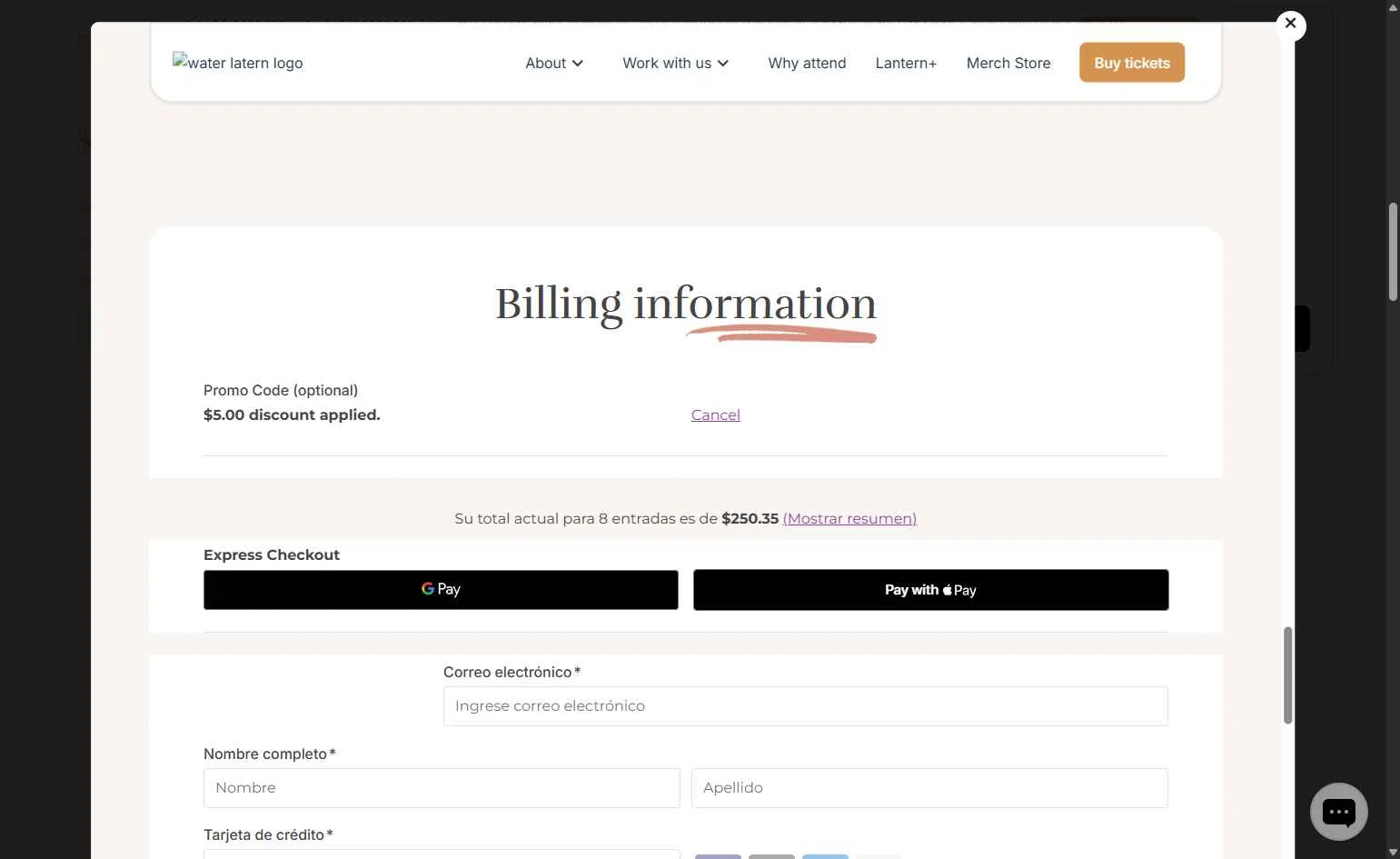 Water Lantern Festival checkout page showing Water Lantern Festival promo code box | Screenshot taken by SimplyCodes community member on Oct 21, 2025