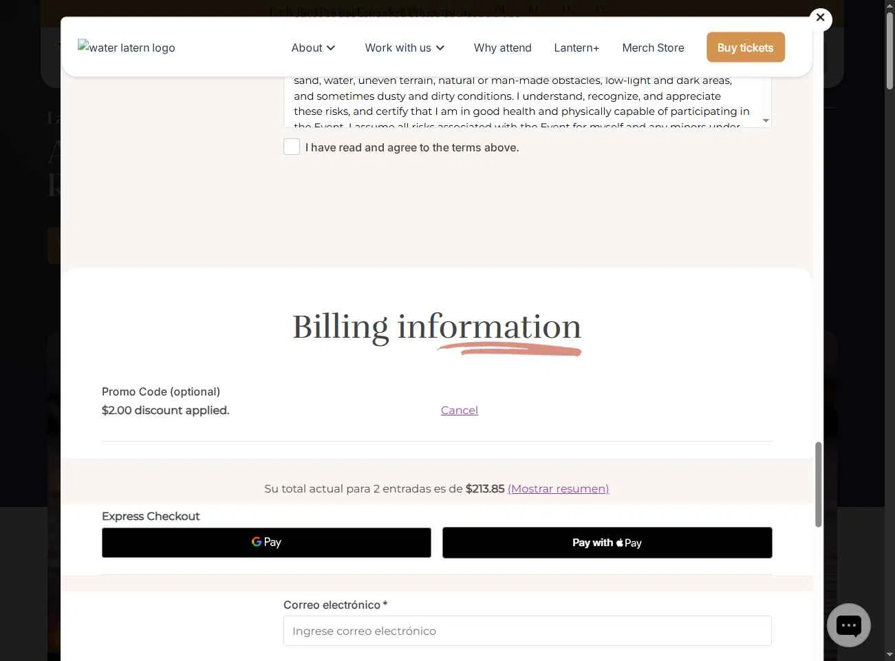 Water Lantern Festival checkout page showing Water Lantern Festival promo code box | Screenshot taken by SimplyCodes community member on Oct 31, 2025
