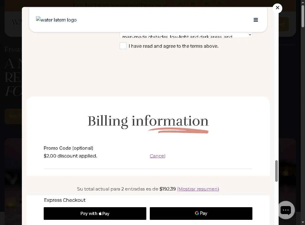 Water Lantern Festival checkout page showing Water Lantern Festival promo code box | Screenshot taken by SimplyCodes community member on Jan 19, 2026