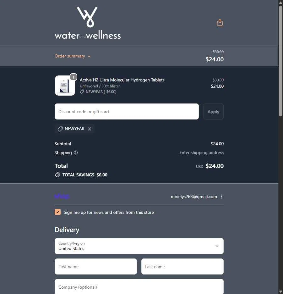 Water & Wellness checkout page showing Water & Wellness promo code box | Screenshot taken by SimplyCodes community member on Jan 8, 2026