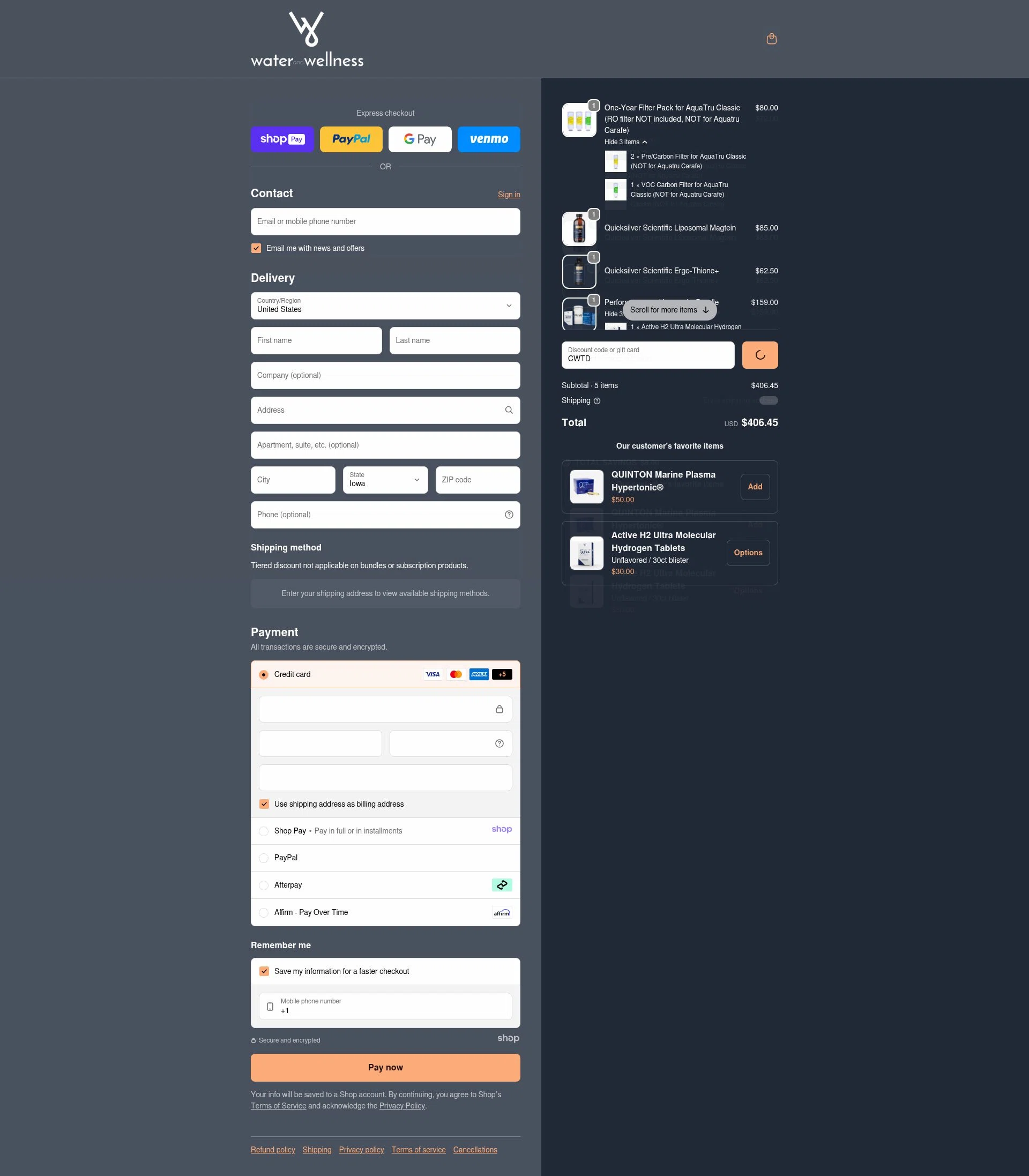 Water & Wellness checkout page showing Water & Wellness promo code box | Screenshot taken by SimplyCodes community member on Jan 7, 2026