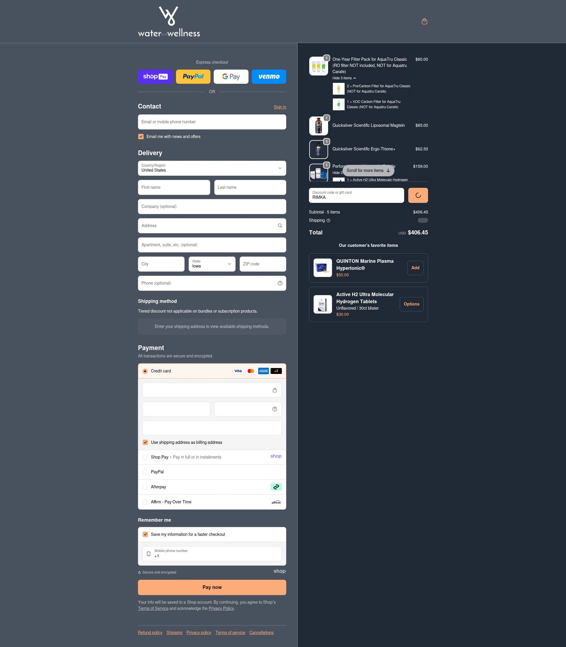 Water & Wellness checkout page showing Water & Wellness promo code box | Screenshot taken by SimplyCodes community member on Jan 7, 2026