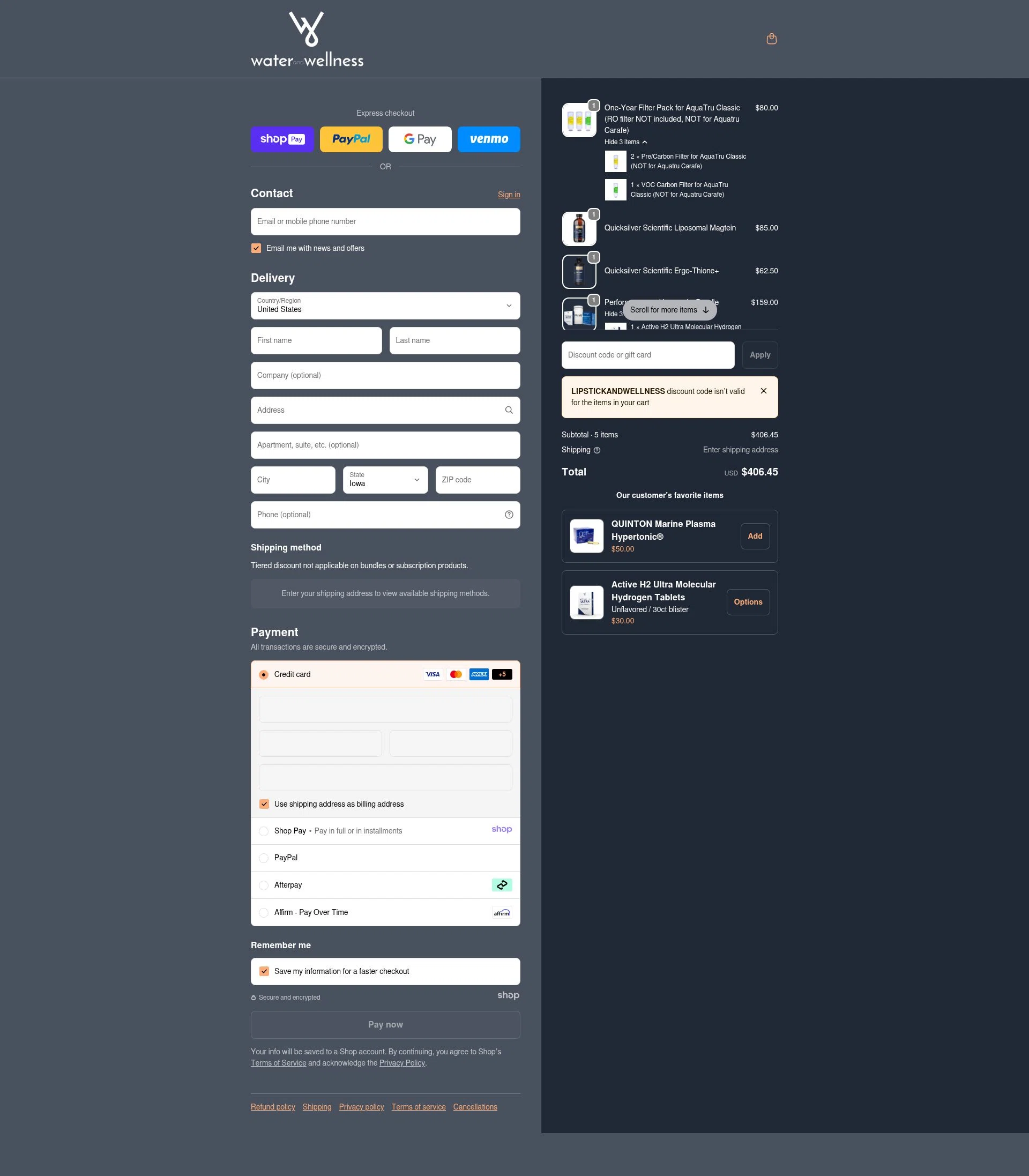 Water & Wellness checkout page showing Water & Wellness promo code box | Screenshot taken by SimplyCodes community member on Jan 7, 2026