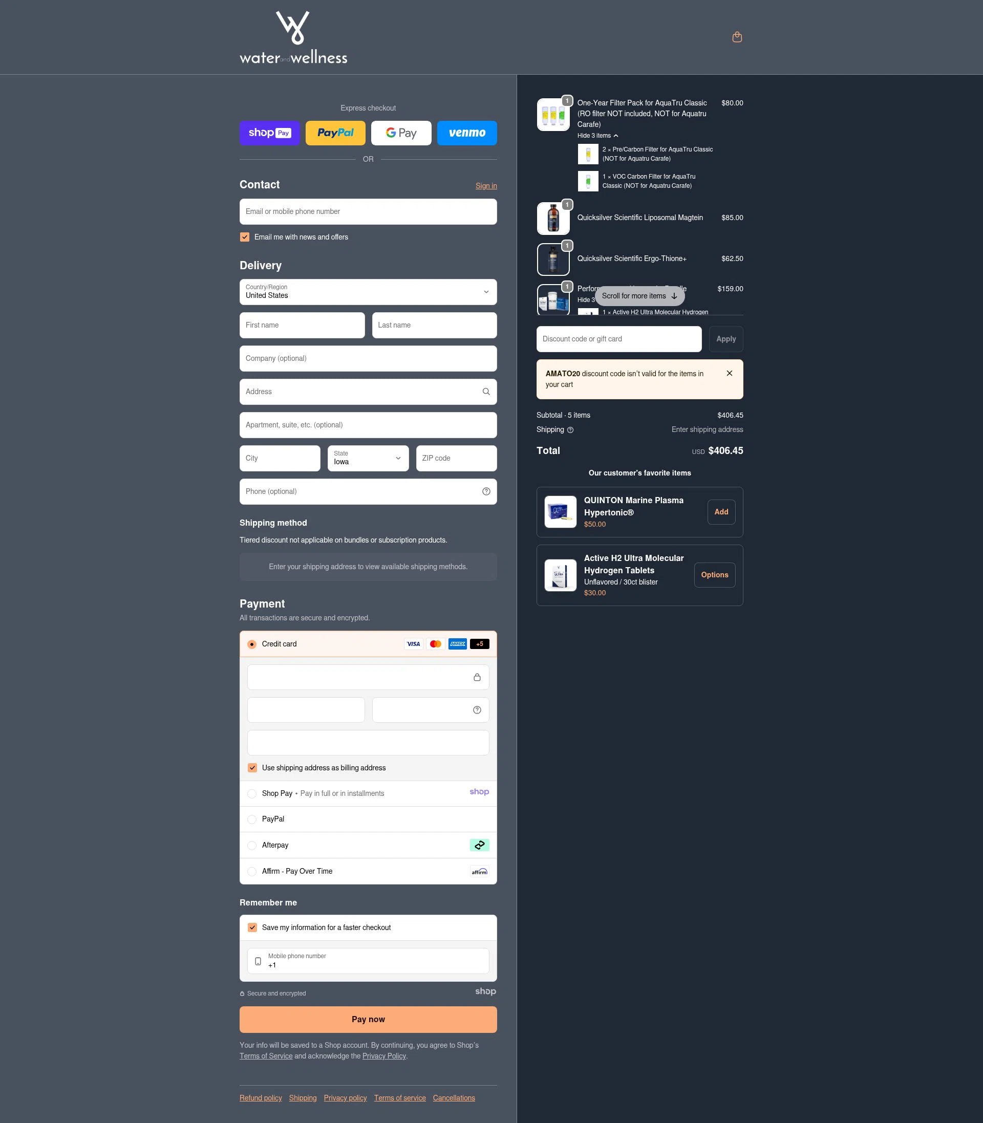 Water & Wellness checkout page showing Water & Wellness promo code box | Screenshot taken by SimplyCodes community member on Jan 7, 2026