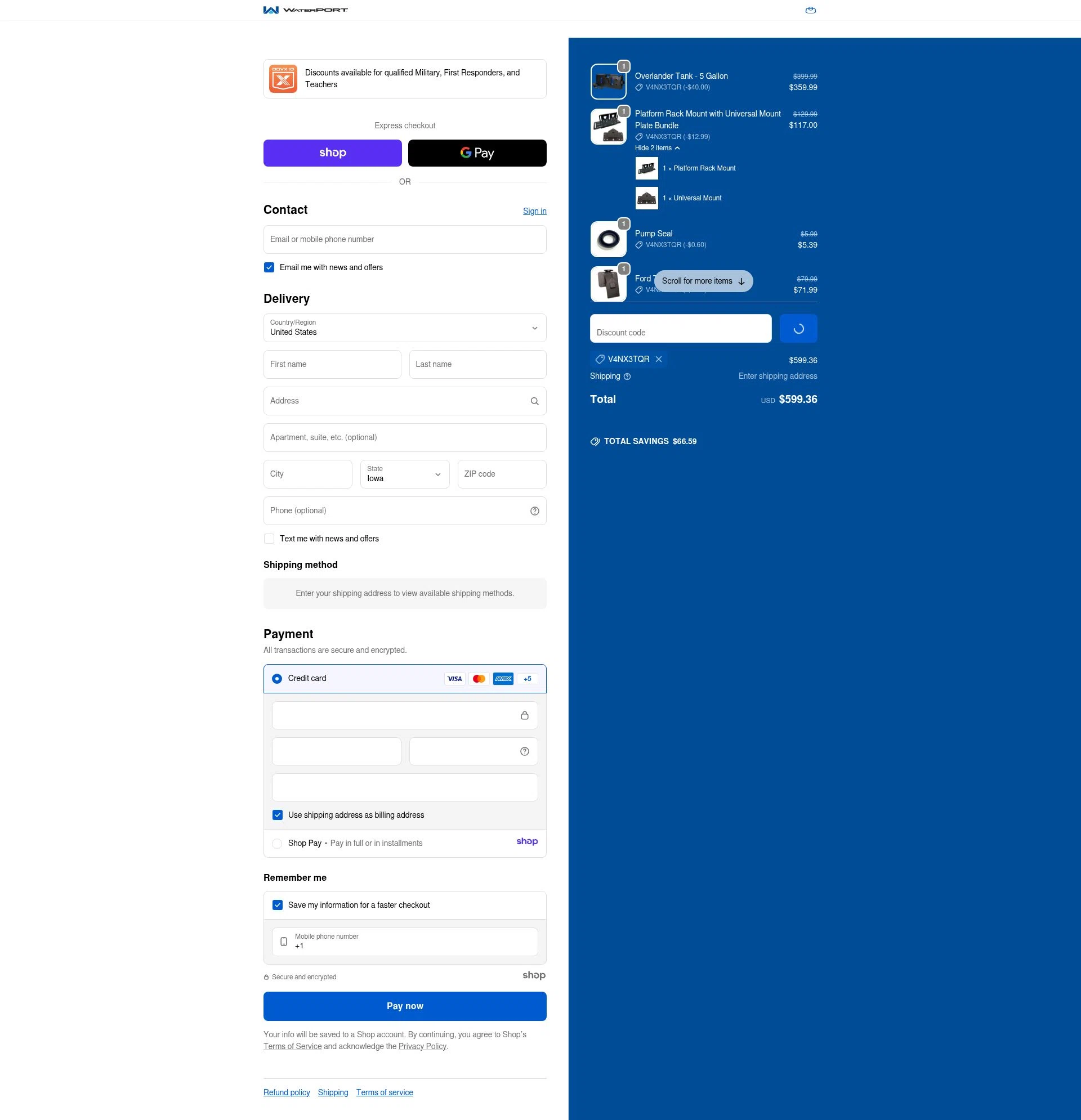 WaterPORT checkout page showing WaterPORT discount code box | Screenshot taken by SimplyCodes community member on Jan 5, 2026