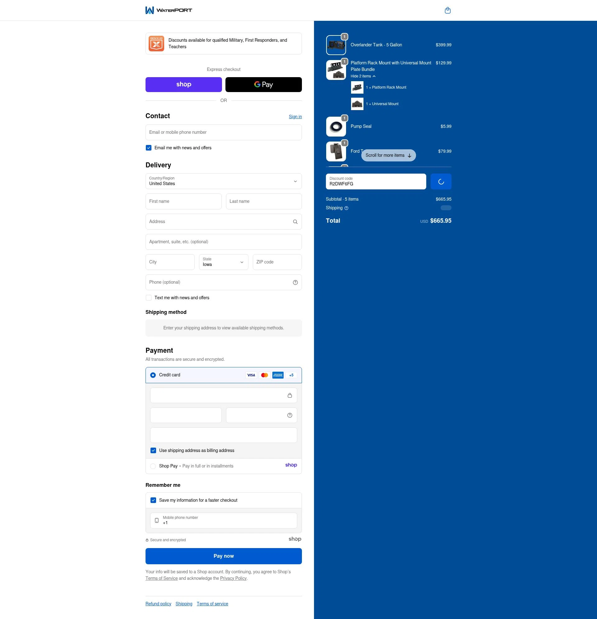 WaterPORT checkout page showing WaterPORT discount code box | Screenshot taken by SimplyCodes community member on Jan 5, 2026