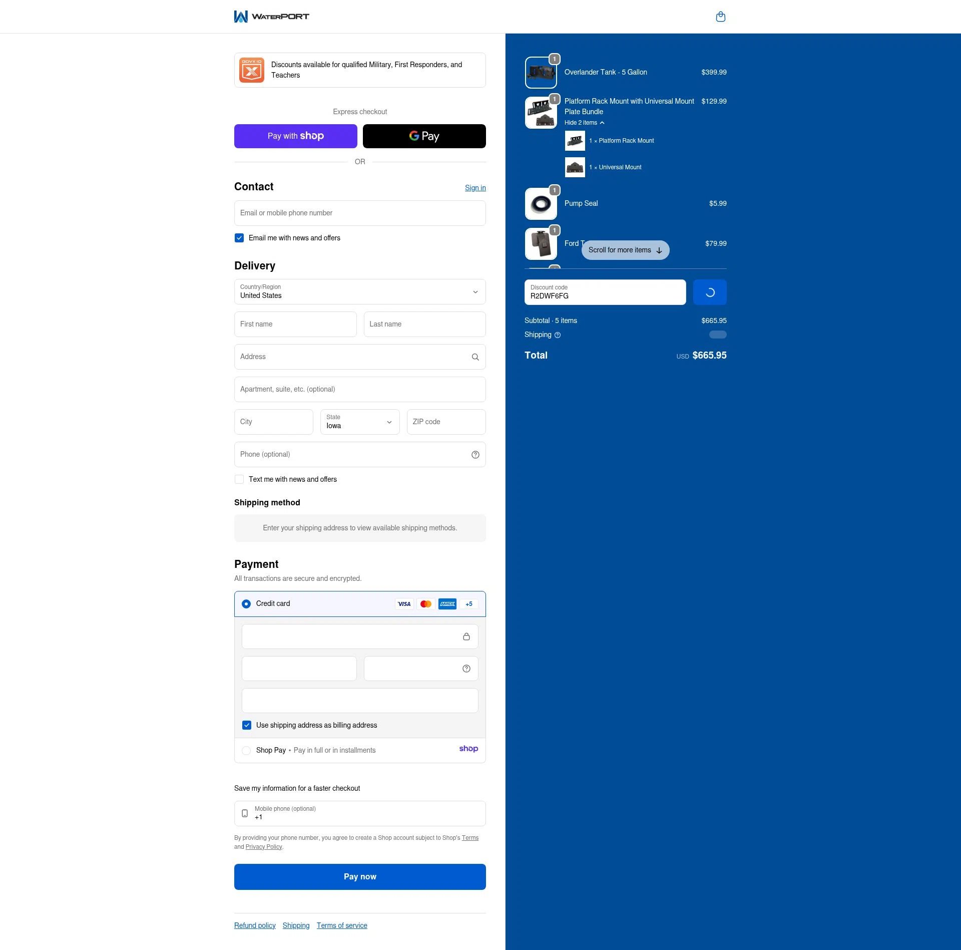 WaterPORT checkout page showing WaterPORT discount code box | Screenshot taken by SimplyCodes community member on Jan 10, 2026