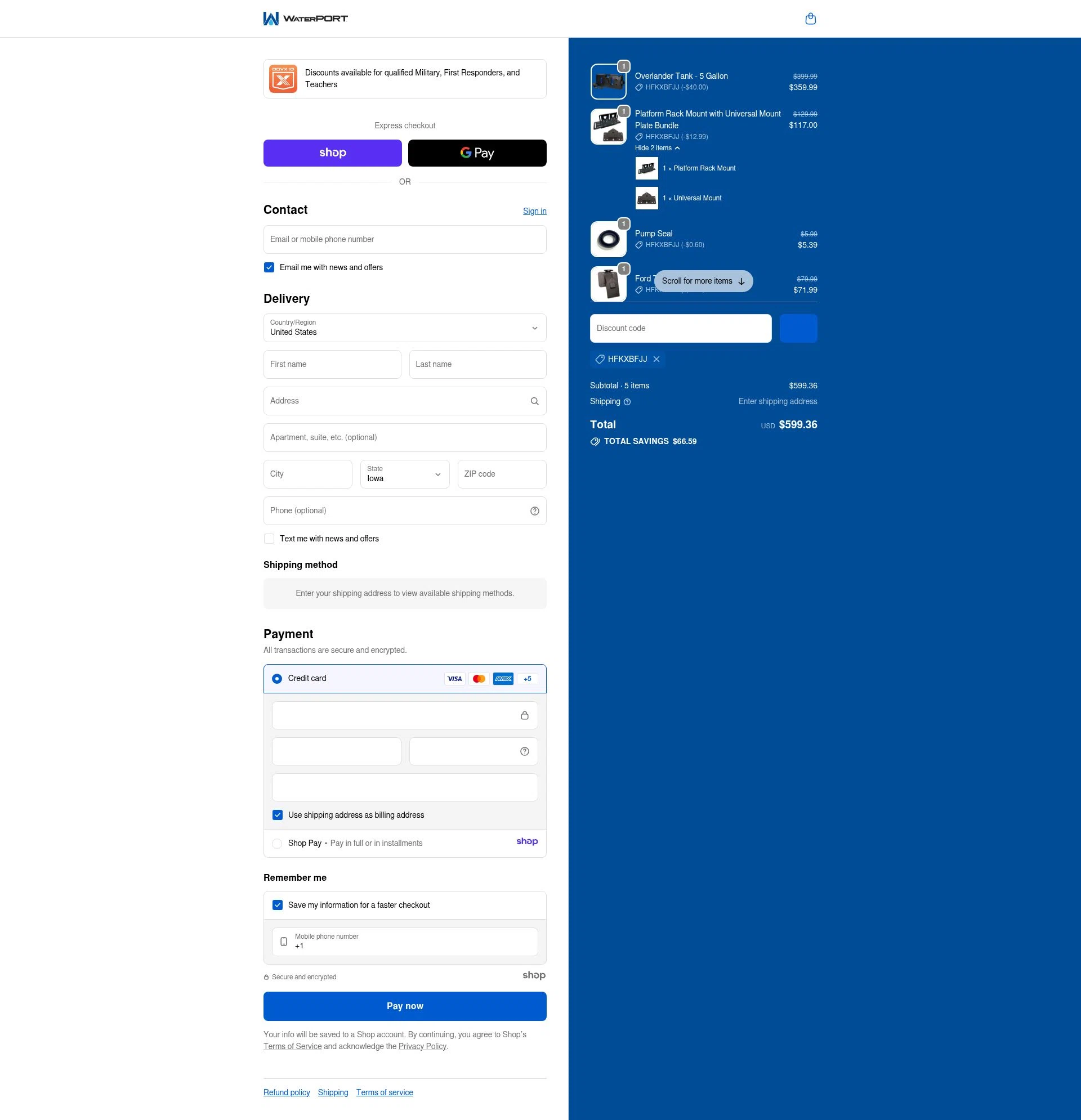 WaterPORT checkout page showing WaterPORT discount code box | Screenshot taken by SimplyCodes community member on Jan 5, 2026
