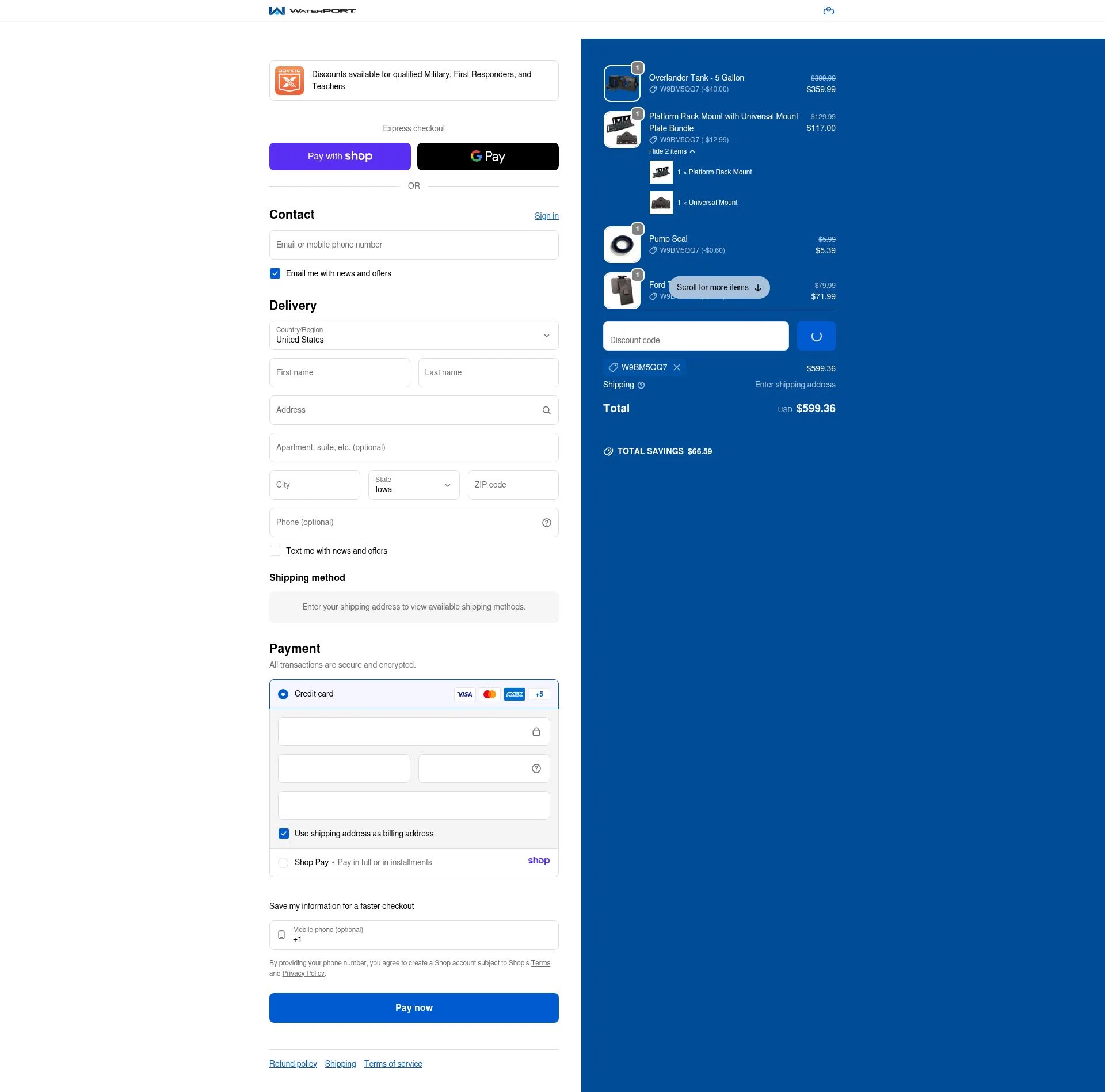 WaterPORT checkout page showing WaterPORT discount code box | Screenshot taken by SimplyCodes community member on Jan 10, 2026