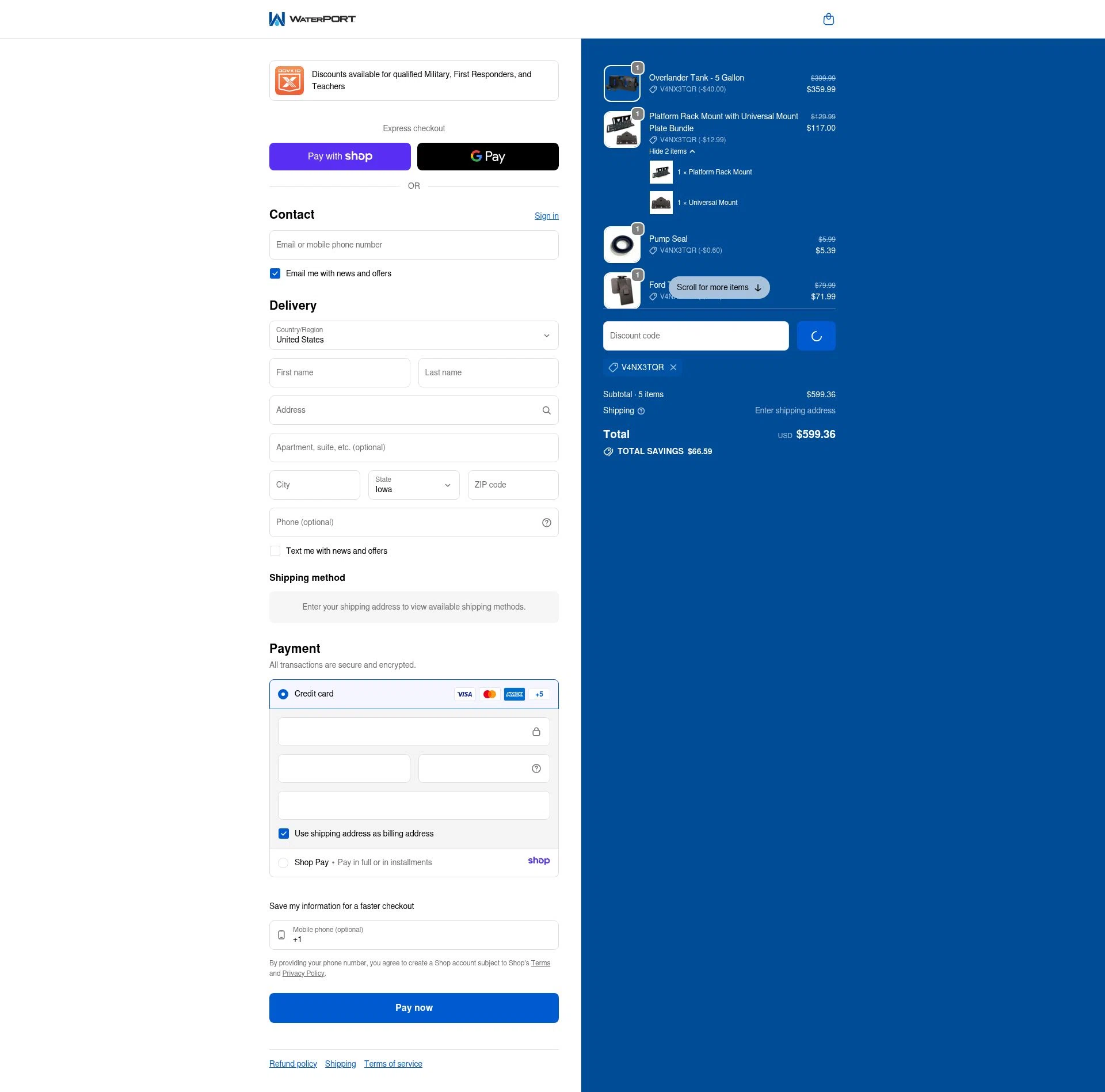 WaterPORT checkout page showing WaterPORT discount code box | Screenshot taken by SimplyCodes community member on Jan 10, 2026