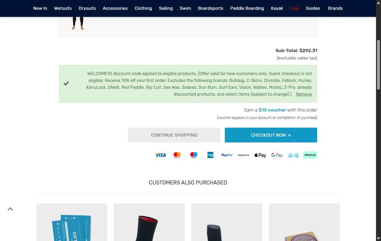 Watersports Outlet checkout page showing Watersports Outlet discount code box | Screenshot taken by SimplyCodes community member on Nov 4, 2025