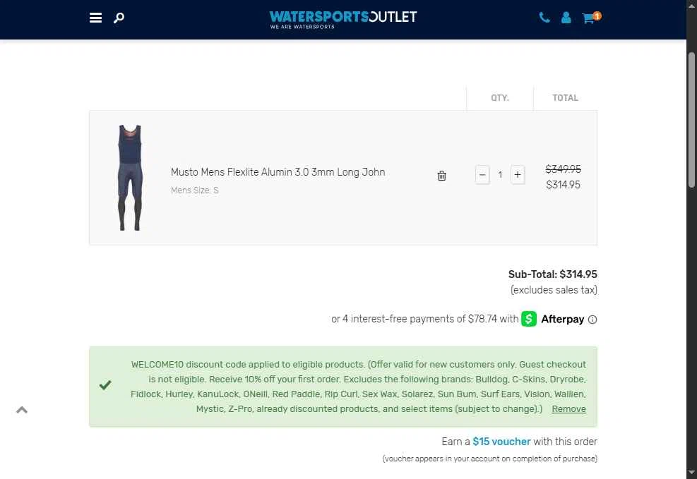 Watersports Outlet checkout page showing Watersports Outlet discount code box | Screenshot taken by SimplyCodes community member on Aug 9, 2025