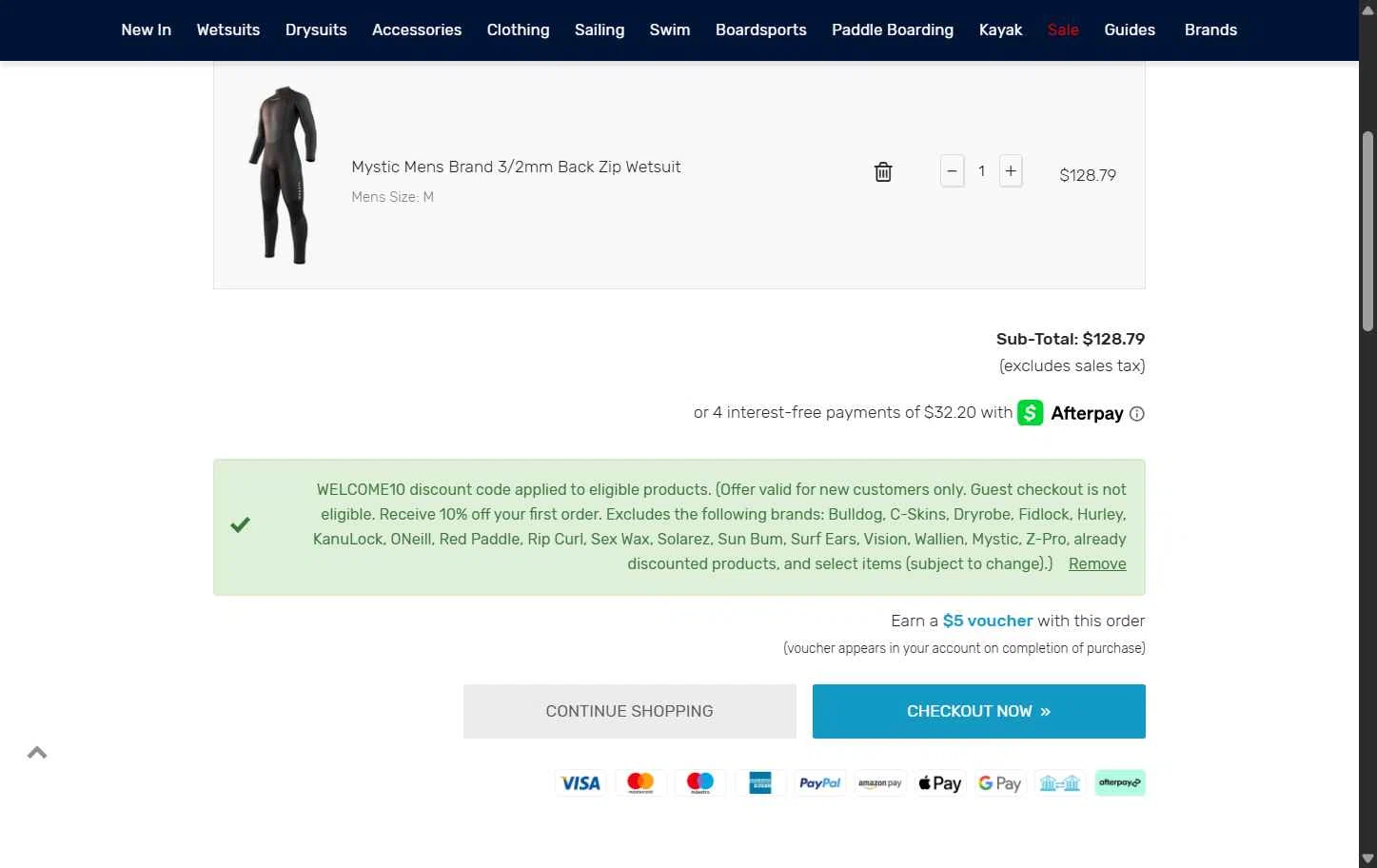 Watersports Outlet checkout page showing Watersports Outlet discount code box | Screenshot taken by SimplyCodes community member on Aug 9, 2025