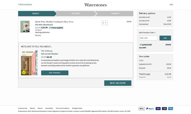 Waterstones checkout page showing Waterstones promo code box | Screenshot taken by SimplyCodes community member on Aug 26, 2025