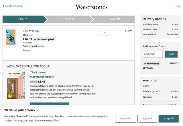 Waterstones checkout page showing Waterstones promo code box | Screenshot taken by SimplyCodes community member on Sep 1, 2025