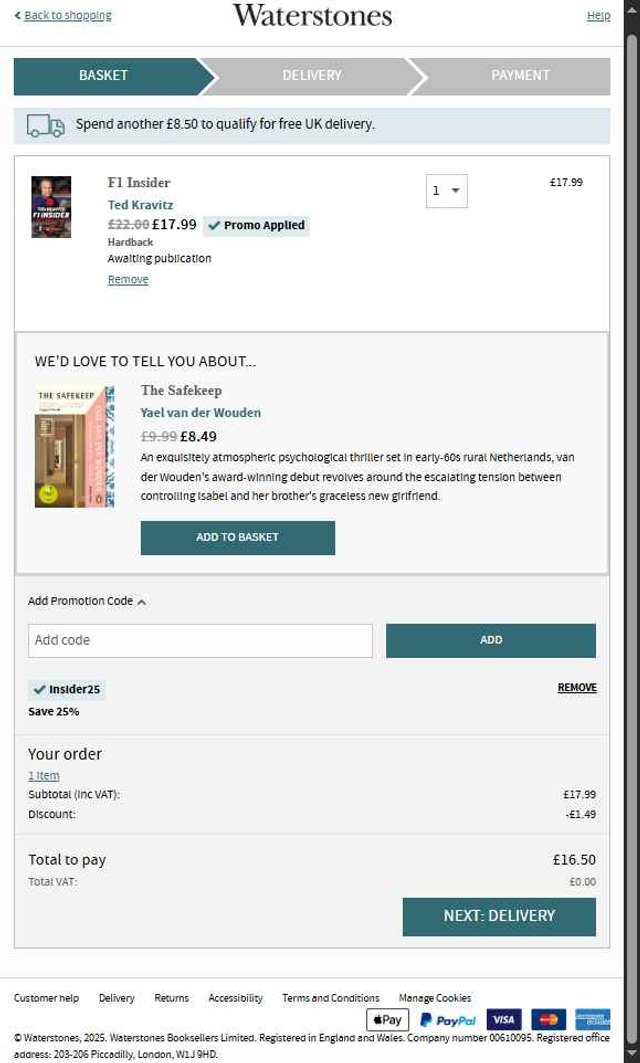 Waterstones checkout page showing Waterstones promo code box | Screenshot taken by SimplyCodes community member on Sep 6, 2025