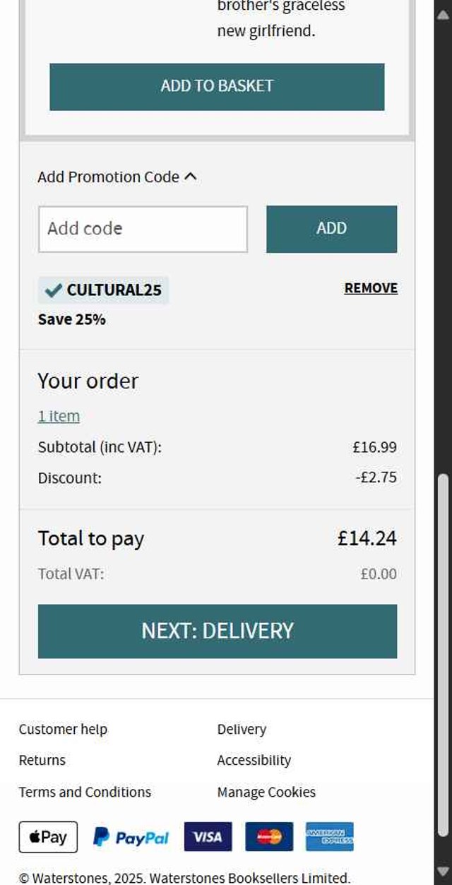 Waterstones checkout page showing Waterstones promo code box | Screenshot taken by SimplyCodes community member on Aug 27, 2025