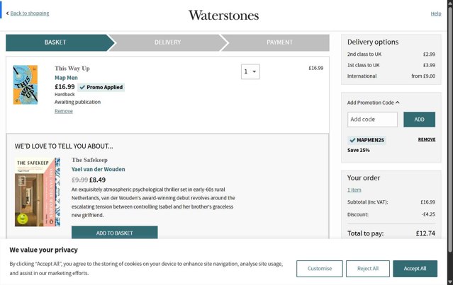 Waterstones checkout page showing Waterstones promo code box | Screenshot taken by SimplyCodes community member on Aug 15, 2025