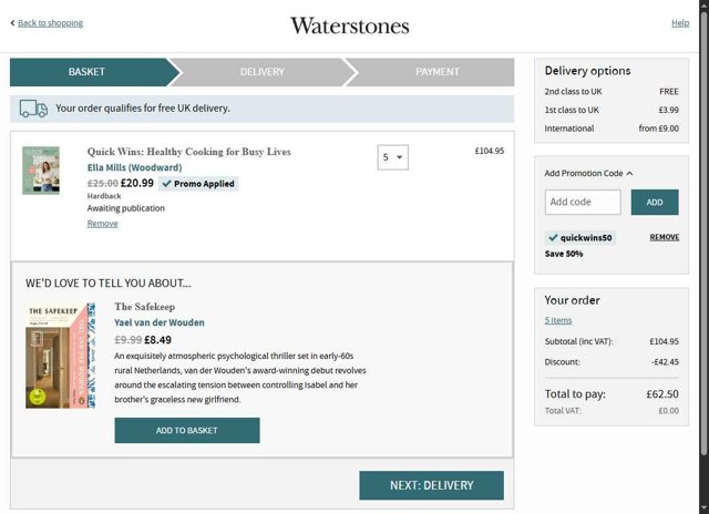 Waterstones checkout page showing Waterstones promo code box | Screenshot taken by SimplyCodes community member on Sep 3, 2025