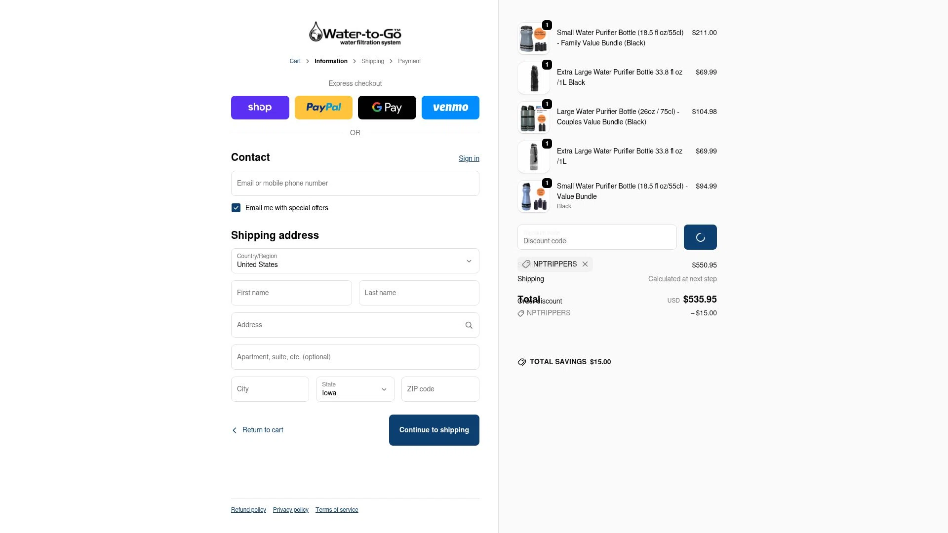 Water-to-Go checkout page showing Water-to-Go promo code box | Screenshot taken by SimplyCodes community member on Feb 18, 2026