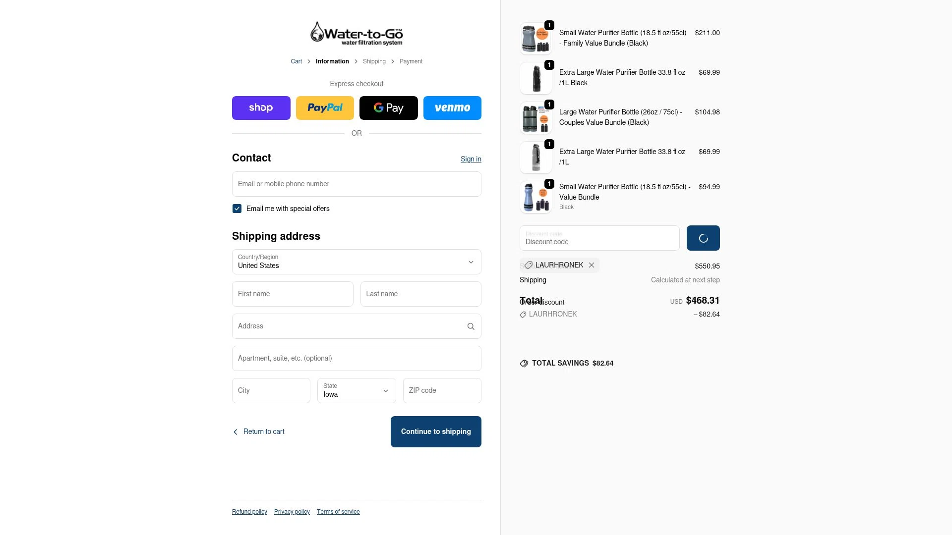 Water-to-Go checkout page showing Water-to-Go promo code box | Screenshot taken by SimplyCodes community member on Feb 18, 2026