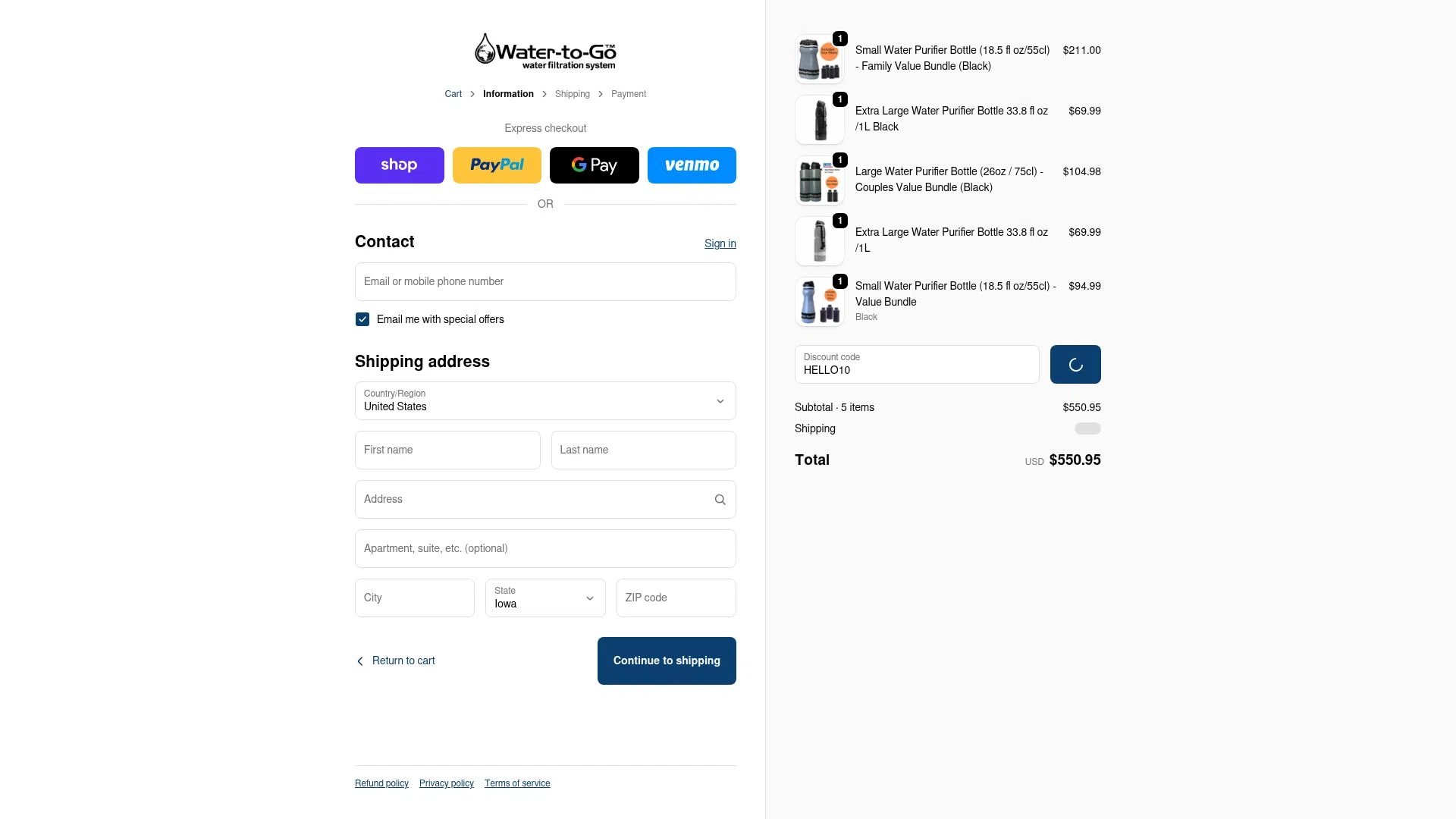 Water-to-Go checkout page showing Water-to-Go promo code box | Screenshot taken by SimplyCodes community member on Feb 18, 2026