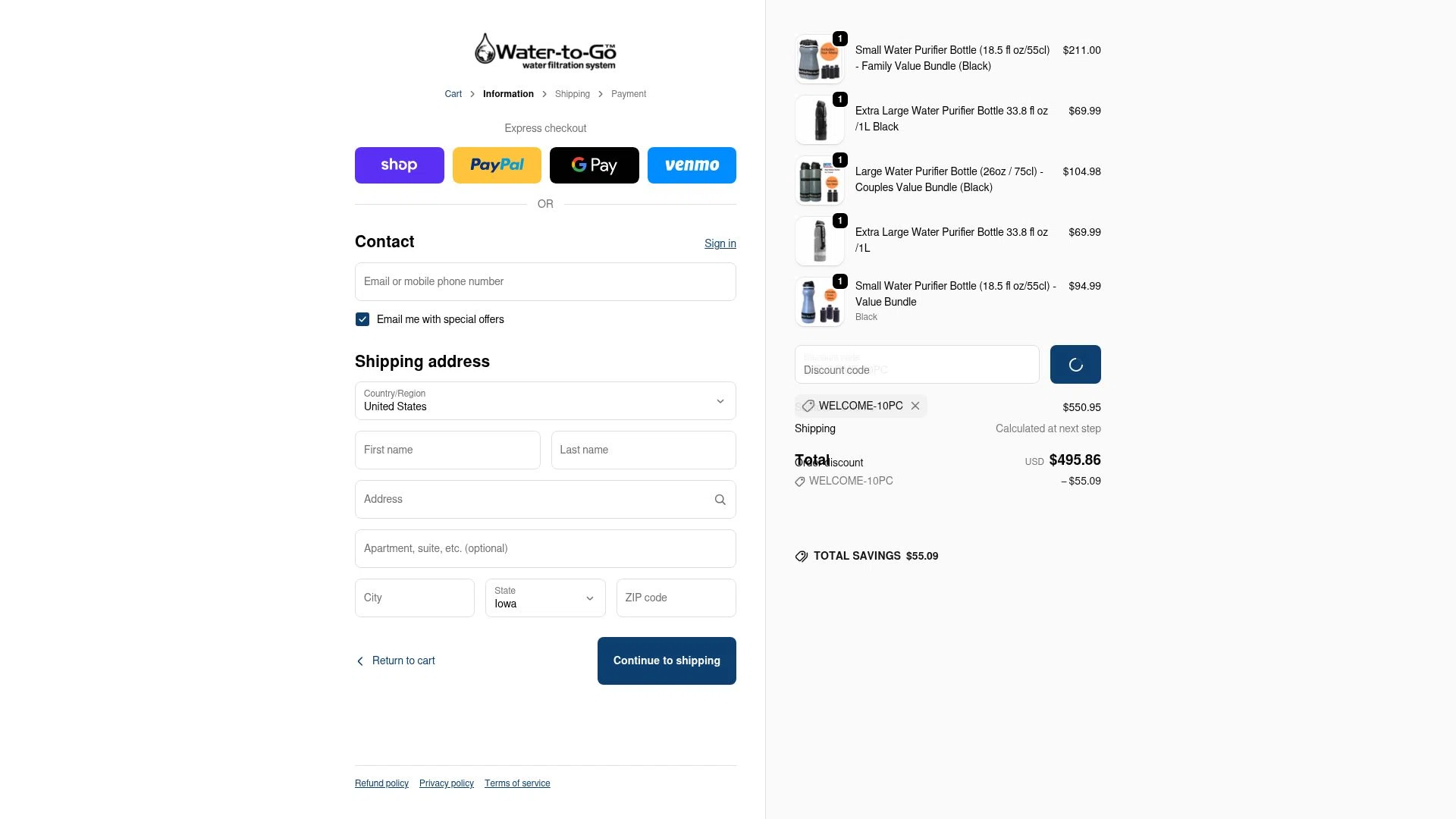 Water-to-Go checkout page showing Water-to-Go promo code box | Screenshot taken by SimplyCodes community member on Feb 18, 2026