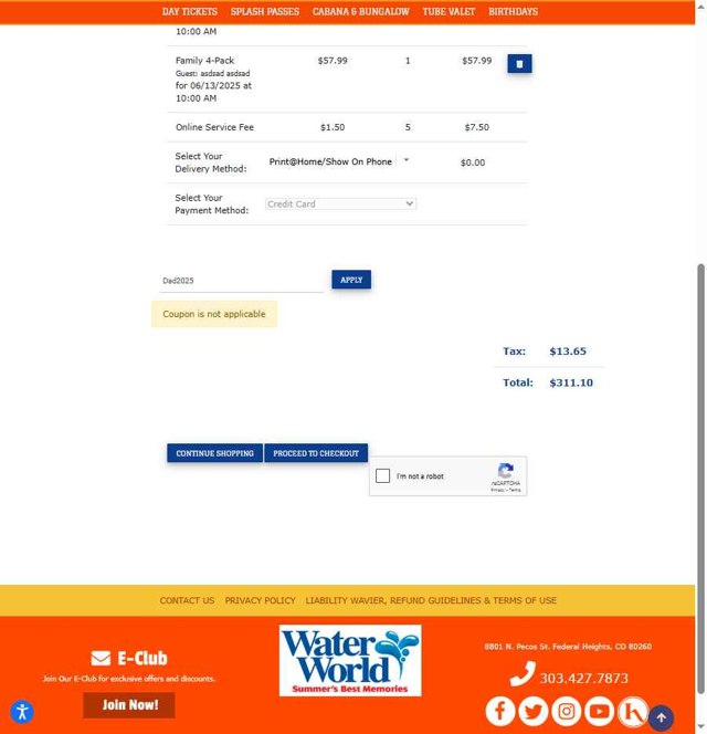 Water World checkout page showing Water World promo code box | Screenshot taken by SimplyCodes community member on Jun 12, 2025