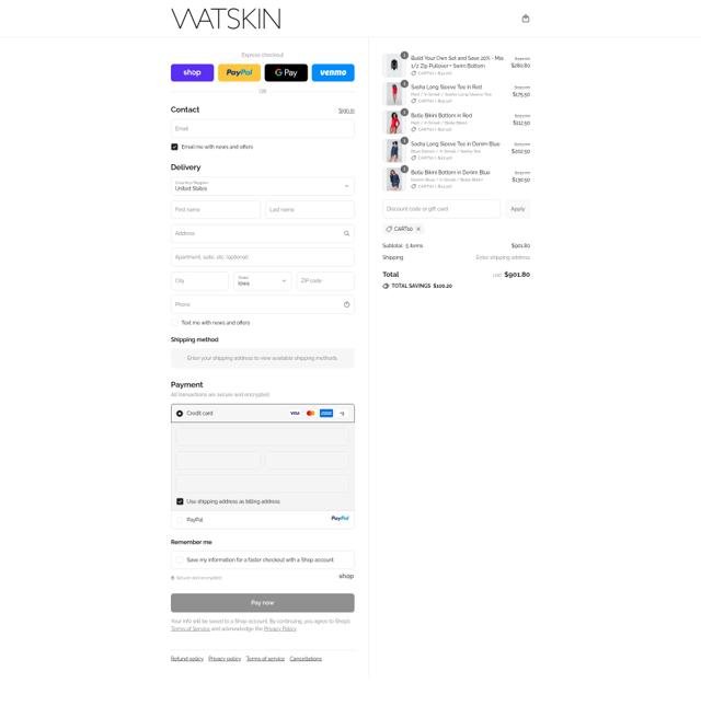 WATSKIN checkout page showing WATSKIN promo code box | Screenshot taken by SimplyCodes community member on Sep 10, 2025