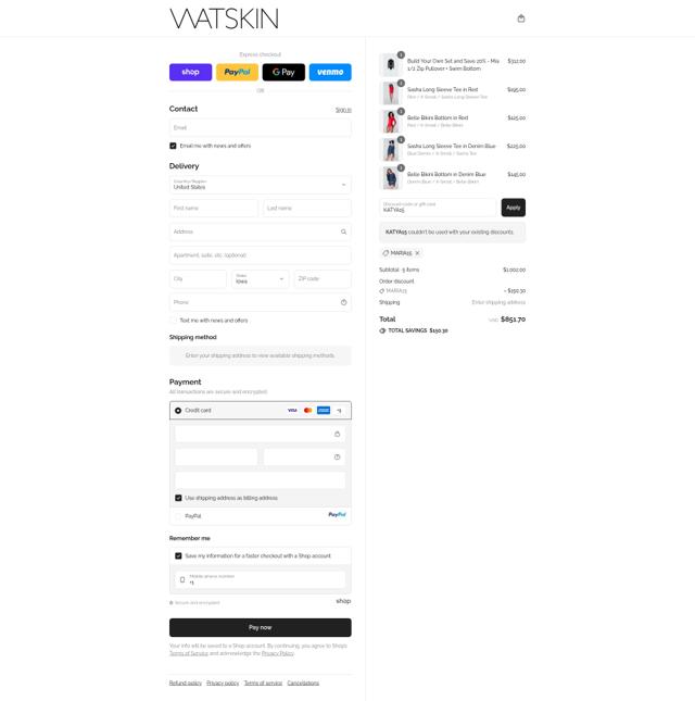 WATSKIN checkout page showing WATSKIN promo code box | Screenshot taken by SimplyCodes community member on Sep 10, 2025