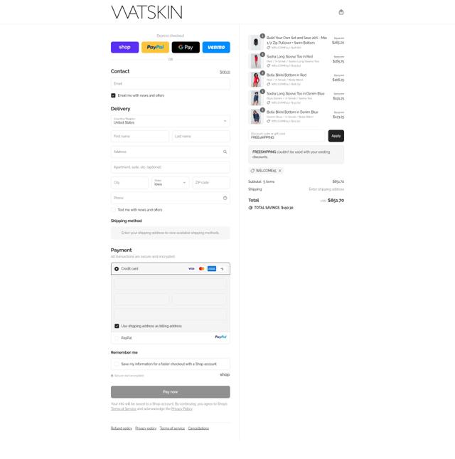WATSKIN checkout page showing WATSKIN promo code box | Screenshot taken by SimplyCodes community member on Sep 10, 2025