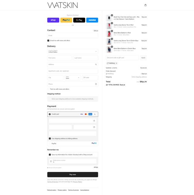 WATSKIN checkout page showing WATSKIN promo code box | Screenshot taken by SimplyCodes community member on Sep 10, 2025