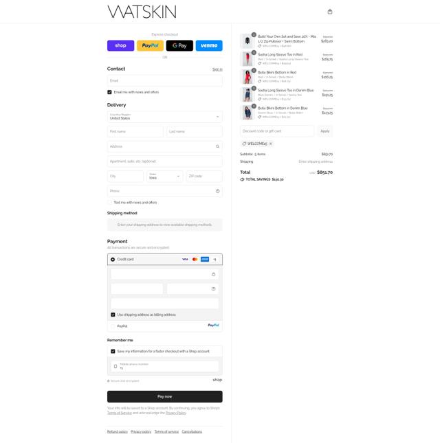 WATSKIN checkout page showing WATSKIN promo code box | Screenshot taken by SimplyCodes community member on Sep 10, 2025