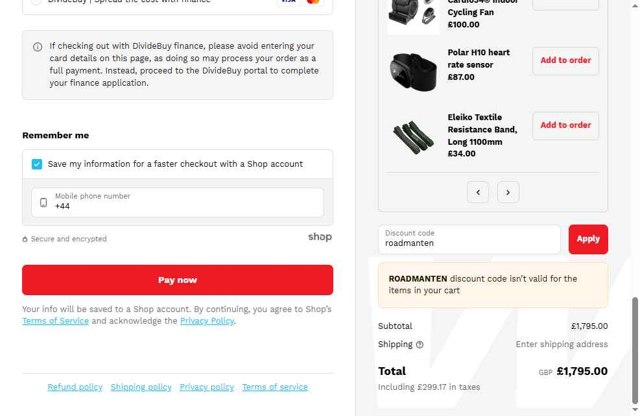 Wattbike checkout page showing Wattbike discount code box | Screenshot taken by SimplyCodes community member on Mar 26, 2025